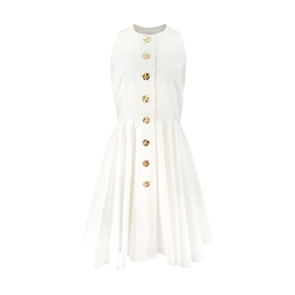 Emmanuelle Khanh 1990's White Poplin Sleeveless Gold Button-Front Flare Dress